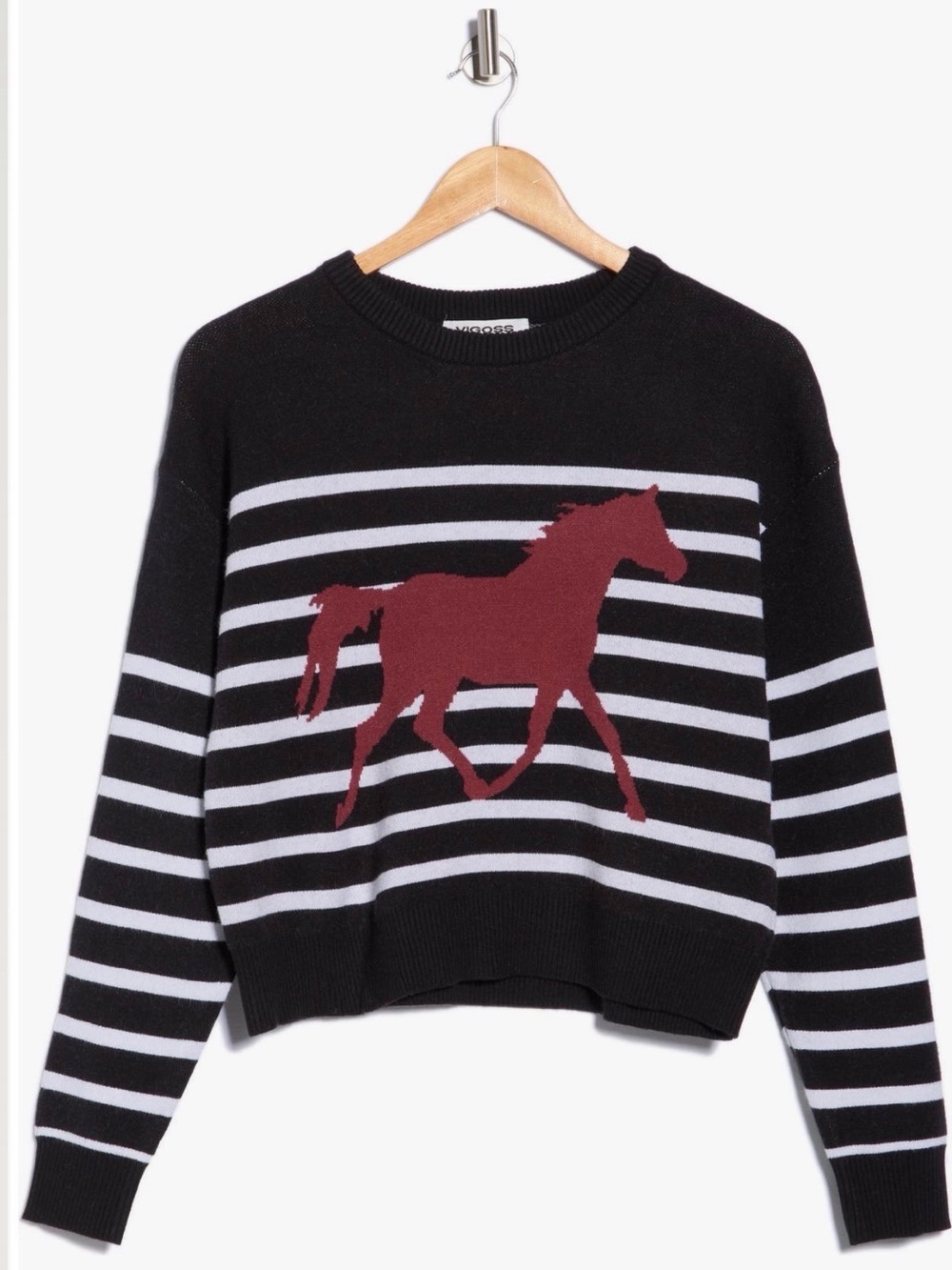 Black Striped Sweater with Burgundy Horse Motif